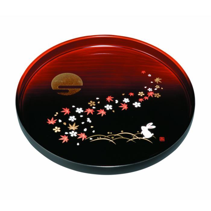 丸盆 30cm 杢漆分け 春秋月うさぎ ［YG467］