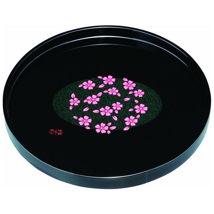 木製丸盆 尺 30cm 黒 花咲小路