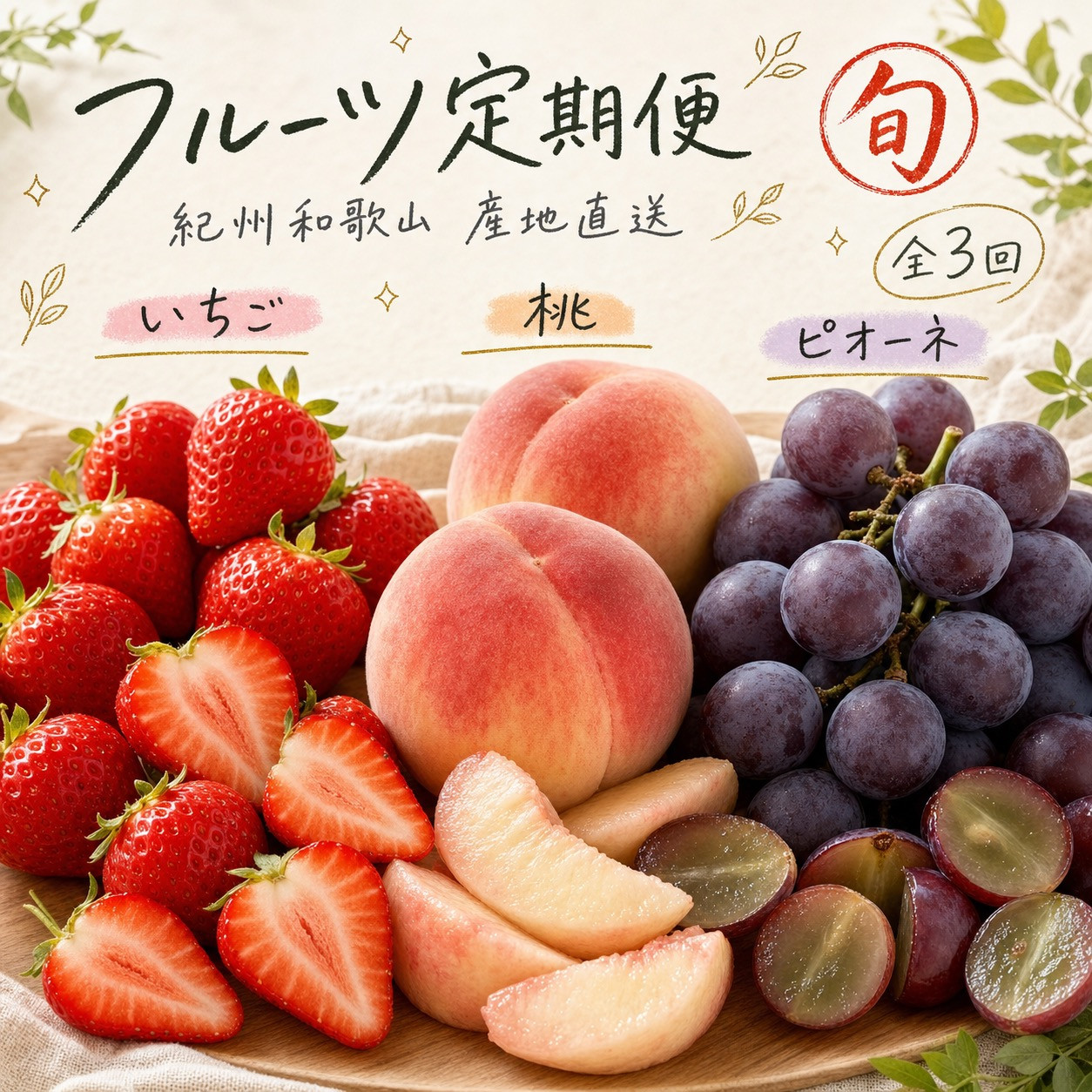 【2・7・9月 全3回】紀州和歌山産旬のフルーツセット（いちご・桃・ピオーネ）【UT95】