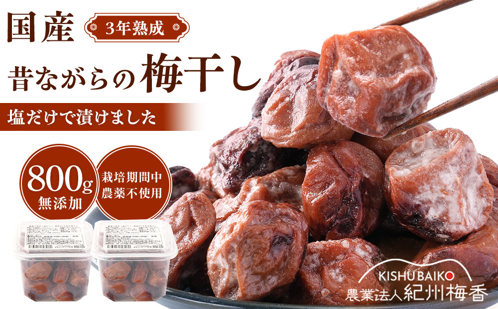 規格外品 無添加 栽培期間中農薬不使用 昔ながらの梅干し 紀州南高梅 塩のみで漬けたすっぱい梅干し 800g（400gパック×2個）塩分約23% 3年熟成品 N20-K ［KU8］