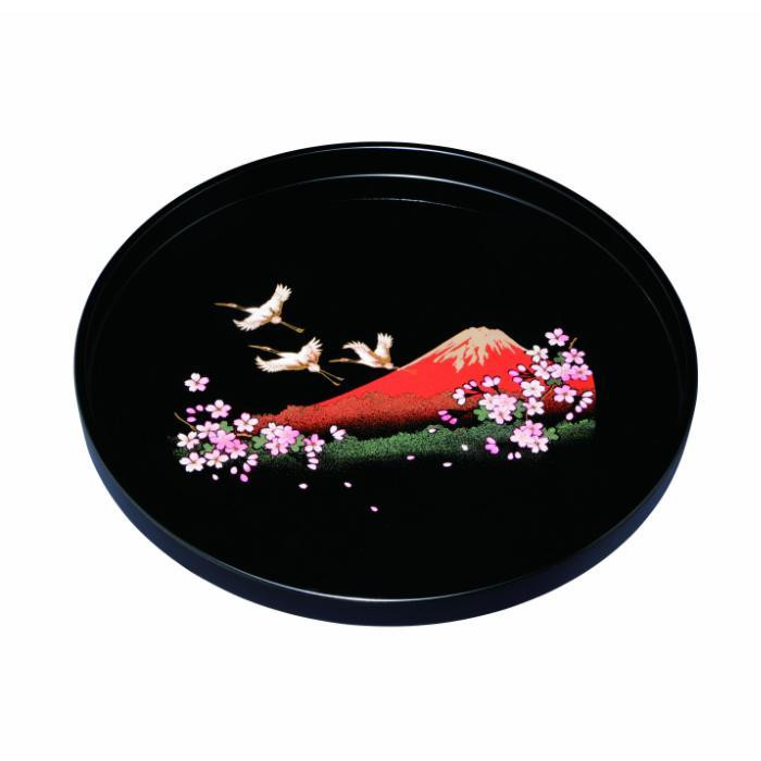 丸盆 30cm 黒 一富士二鶴三桜 ［YG463］