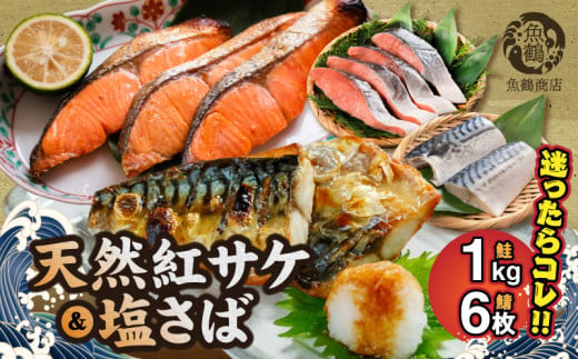 G7010_迷ったらコレ！！魚鶴商店の天然紅サケ 1kg & 塩さば 6枚セット