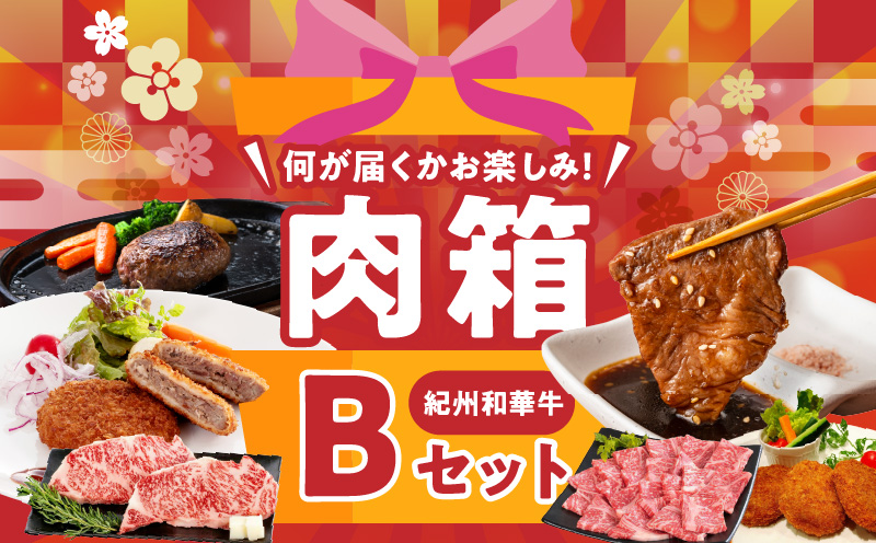 BN6136_お楽しみ肉箱 Bセット お試し ドキドキ 黒毛和牛 ハンバーグ メンチカツ ステーキ ロース ヒレ 焼肉 すき焼き しゃぶしゃぶ 盛り合わせ コロッケ ローストビーフ 食品 和歌山県 湯浅町 送料無料