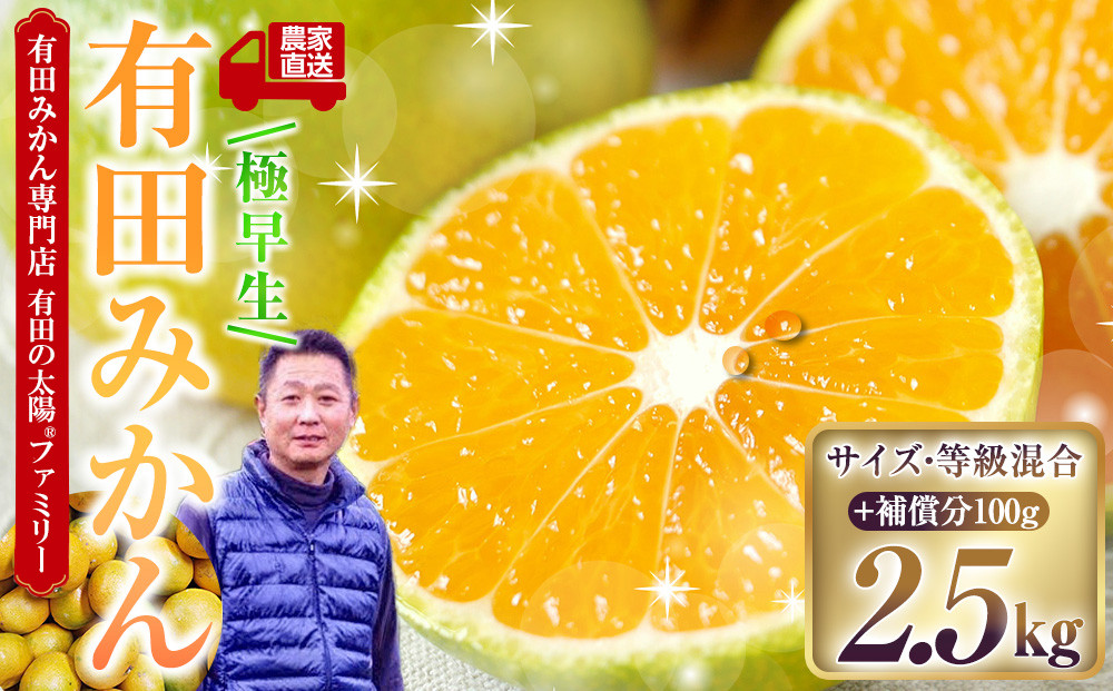 有田みかん専門店 有田の太陽®ファミリー 極早生 有田みかん 2.5kg＋補償分100g 山採れ・サイズ・等級 混合