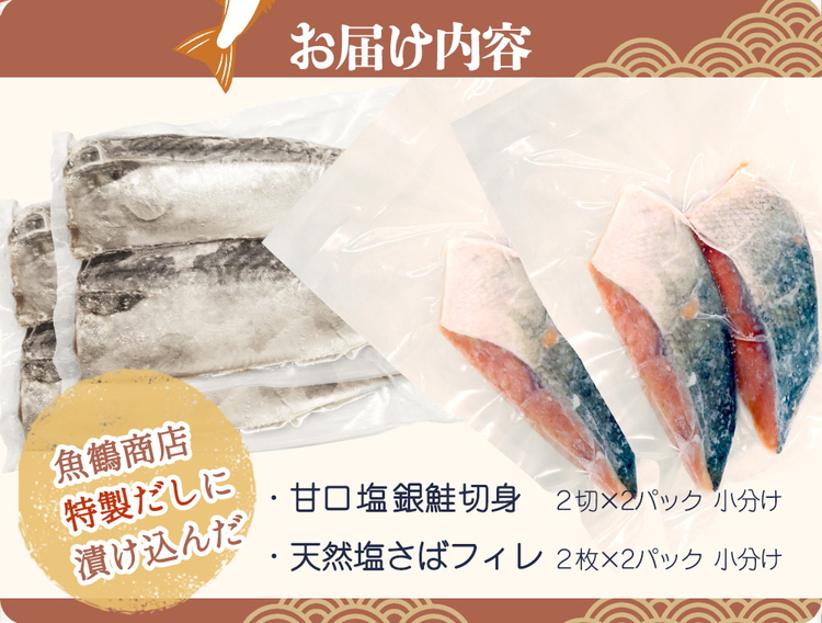 和歌山魚鶴仕込の甘口塩銀鮭切身4切&天然塩さばフィレ４枚（２切×２パック&２枚×２パック　小分け）
※着日指定不可