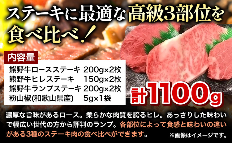 熊野牛 ステーキバラエティセット(粉山椒付き) 澤株式会社(Meat Factory)　合計 約1100g 約1.1kg《30日以内に出荷予定(土日祝除く)》 和歌山県 日高町 熊野牛 牛 うし 牛肉 ステーキ セット ロース ヒレ ランプ 送料無料(F-1)