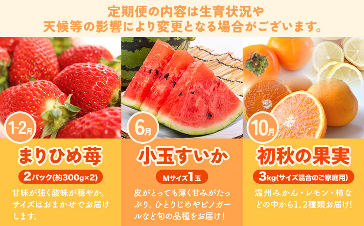 わかやま旬の フルーツ 定期便 【全3回】内容量 S 有田マルシェ《発送月固定・全3回出荷》 和歌山県 日高町 苺 いちご 柑橘 オレンジ 小玉 スイカ レモン みかん 有田 みかん 柿 果物 定期 柑橘 果物【配送不可地域あり】