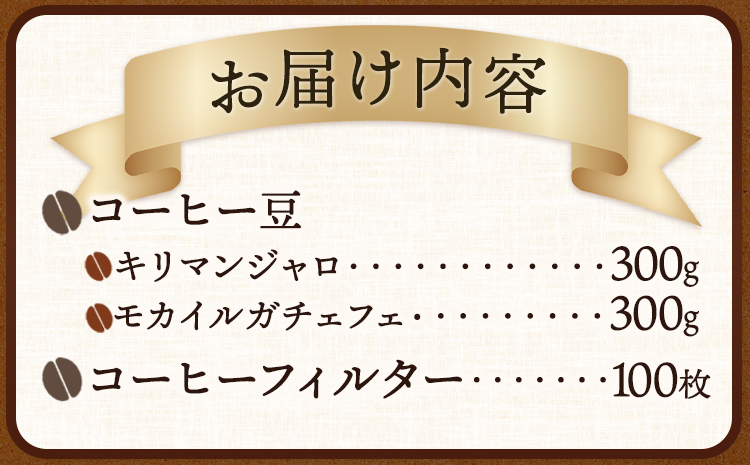 自家焙煎 コーヒー豆（キリマンジャロ・モカイルガチェフェ）各300g カリタ102 コーヒーフィルター 100枚 セット 厳選館《90日以内に出荷予定(土日祝除く)》 和歌山県 日高町