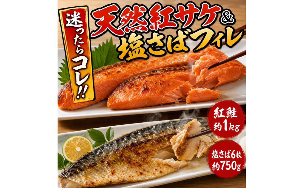 迷ったらコレ！！魚鶴商店の天然紅サケ１ｋｇ & 塩さばフィレ６枚セット