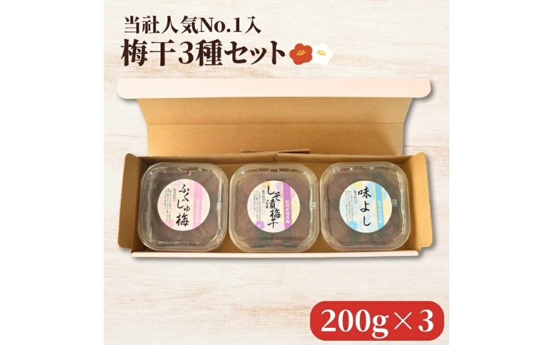 紀州南高梅 梅干3種 詰め合わせ[ふくじゅ梅・しそ漬梅干・かつお梅] 200g×3パック 塩分約10～11％ hjumys026
