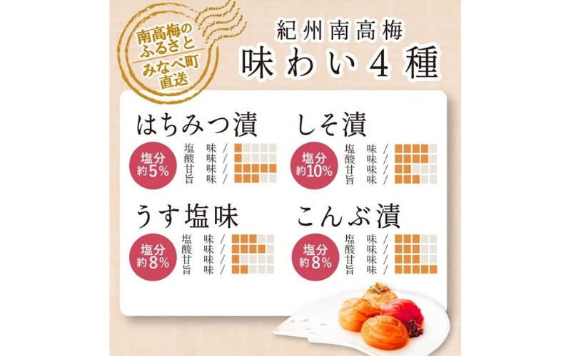 特選A級 紀州南高梅 味わい4種バランスセット800g 千年の知恵 / はちみつ梅 はちみつ漬け しそ梅 紫蘇梅 しそ漬け うす塩梅 こんぶ梅 こんぶ漬け 昆布梅【hoso001A】