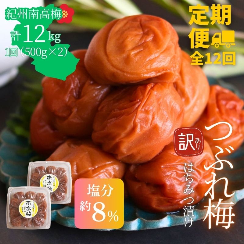 【定期便全12回】【塩分約8％】和歌山県紀州南高梅つぶれ  はちみつ漬け訳あり 500g×2 【agrjpn-tkb006】