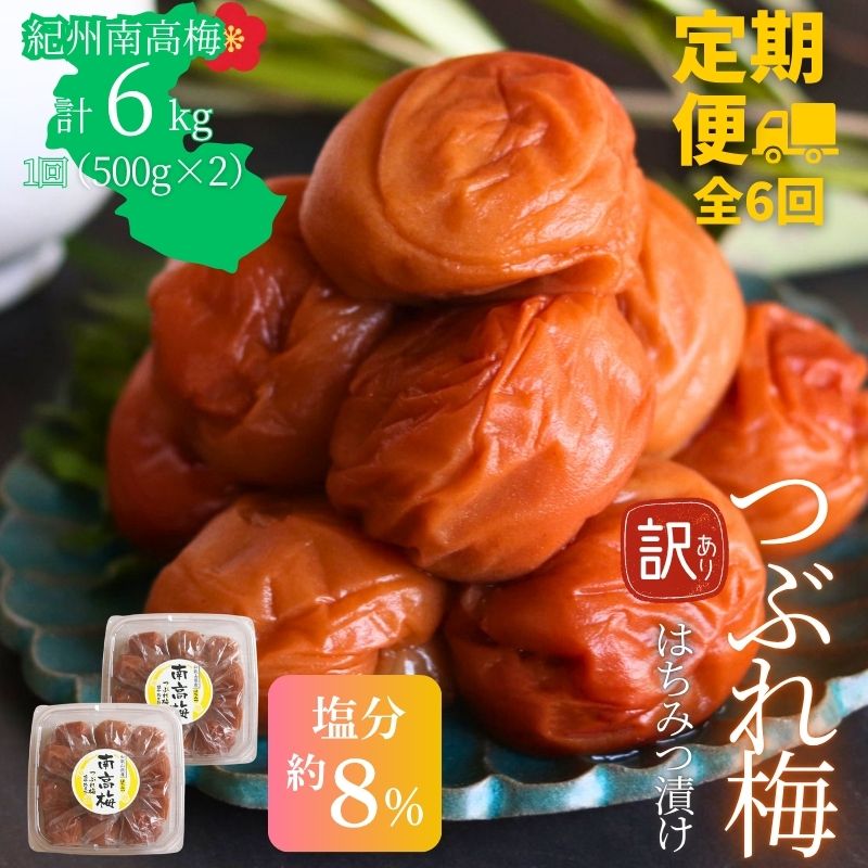 【定期便全6回】【塩分約8％】和歌山県紀州南高梅つぶれ  はちみつ漬け訳あり 500g×2 【agrjpn-tkb005】