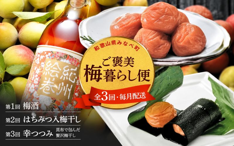 【定期便全3回】 梅酒 梅干し 定期便 全3回 紀州南高梅 はちみつ梅 昆布包み梅 和歌山県みなべ町産 ご褒美 女性 人気 贈り物 【umicbn-tkb001】