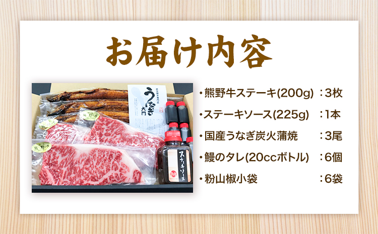 ステーキ 鰻 熊野牛 国産うなぎ 熊野牛ステーキと国産炭火焼鰻の贅沢うな牛セットＢ 計6食 株式会社Meat Factory《30日以内に出荷予定(土日祝除く)》和歌山県 日高川町 ロースステーキ 牛肉 肉 国産 うなぎ 送料無料