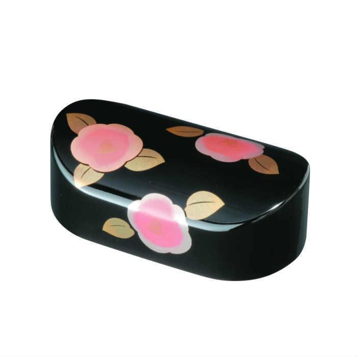 紀州漆器 文鎮 ペーパーウェイト 小判型 黒 椿【YG159】