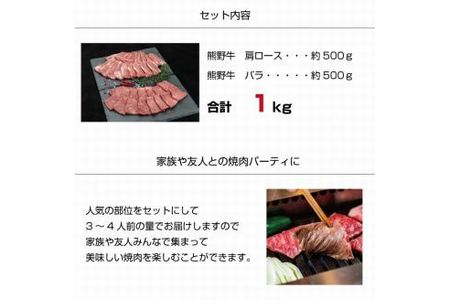 特選黒毛和牛 熊野牛 焼肉セット（バラ・肩ロース） 約１kg