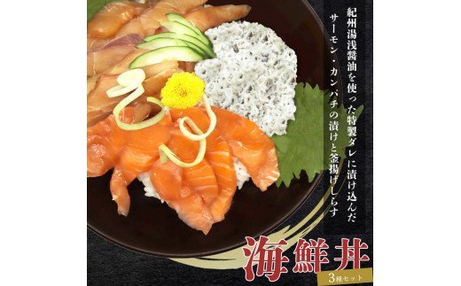 紀州湯浅醤油を使ったサーモンとカンパチの漬け＆釜揚げしらすの 海鮮丼 ３種セット×２ 計６００g【uot757A】