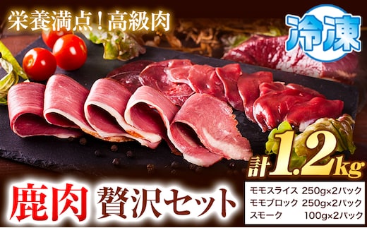 鹿肉 贅沢セット 1.2kg モモスライス 250g × 2パック モモブロック 250g × 2パック スモーク 100g×2パック 猪鹿庵《90日以内に出荷予定（土日祝除く）》鳥取県 八頭町 ジビエ 鹿 シカ もも肉