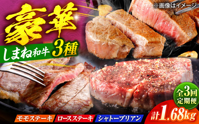 【全3回定期便】【ブランド牛・しまね和牛】豪華ステーキの3種セット（モモステーキ・ロースステーキ・シャトーブリアン）計1.68kg　島根県松江市/Do corporation株式会社 [ALFU046]