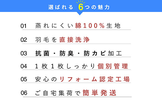 羽毛布団 打ち直し シングル掛け1枚→シングル掛け1枚 【ハイグレードコース】 冬用 綿100% リフォーム