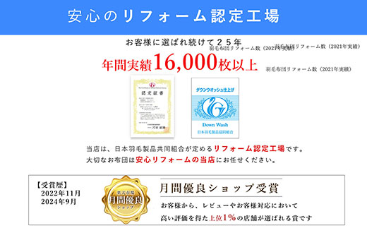羽毛布団 打ち直し ダブル掛け1枚→シングル掛け1枚 【ベーシックコース】 冬用 綿100% リフォーム