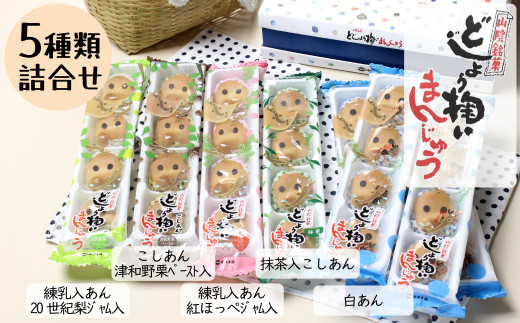 どじょう掬いまんじゅう ５種類セット【饅頭 ひょっとこ おやつ 和菓子 餡子 白餡 こしあん 抹茶あん 梨あん 苺あん セット 食べ比べ 上品 昔ながら 島根県 安来市】【価格改定】【14-NF-01】