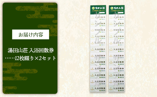 湯田山荘 入浴回数券 12枚綴り×2セット【入浴券 温泉 チケット 100% 天然鉱泉 くつろぎ 癒し リフレッシュ ご褒美 贅沢 旅行 立ち寄り湯 温泉宿 島根県 安来市】【44-ED-02】