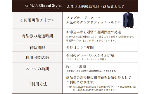 GINZA Global Style オーダースーツ 商品券（100，000円券）グローバルスタイル メンズスーツ 仕立て オーダーメイド 江津市