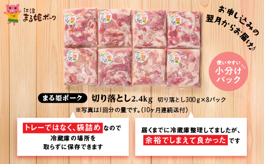【12/31迄限定寄附額】定期便【10ヶ月】まる姫ポーク 切り落とし2.4kg（300g×8パック）×10回（計24kg）