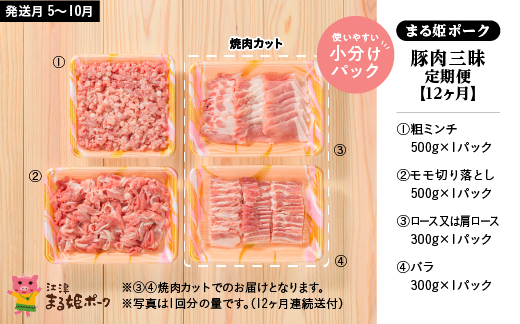 まる姫ポーク　豚肉三昧　定期便【12ヶ月】 ロース 肩ロース バラ モモ切り落とし 粗ミンチ