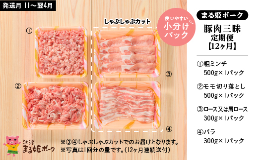 まる姫ポーク　豚肉三昧　定期便【12ヶ月】 ロース 肩ロース バラ モモ切り落とし 粗ミンチ