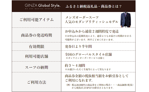 GINZA Global Style オーダースーツ 商品券（15，000円券）グローバルスタイル メンズスーツ 仕立て オーダーメイド 江津市