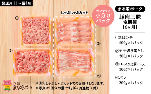 まる姫ポーク　豚肉三昧　定期便【6ヶ月】 ロース 肩ロース バラ モモ切り落とし 粗ミンチ