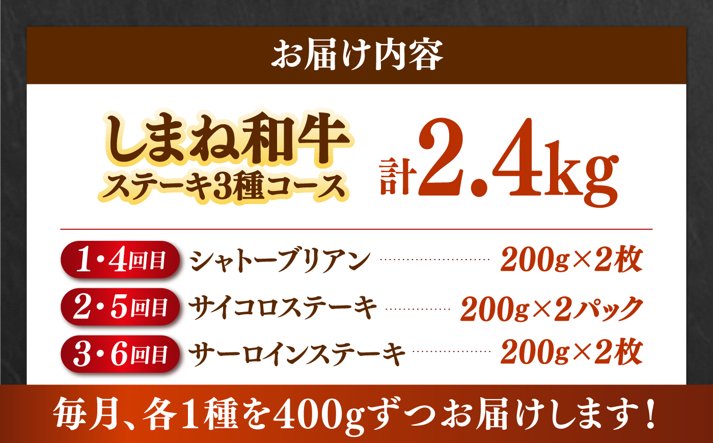 【月10個限定】【全6回定期便】しまね和牛＜ステーキ3種コース/計2.4kg＞ 毎月違う部位が届く 各400g（シャトーブリアン・サイコロステーキ・サーロインステーキ）島根和牛 ブランド牛 セット 詰め合わせ 牛肉 精肉 島根県雲南市/有限会社宮本食肉店 [AIDQ010]