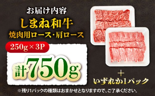 焼肉の定番！しまね和牛焼肉用ロース/肩ロース750g(各250g×1P＋おまかせ1P)  肉 にく お肉 おにく 和牛 牛肉 ぎゅうにく 牛肉750g 国産 国産牛 ブランド牛 赤身 焼肉 焼肉用 やきにく ロース 肩ロース 肉3パック 人気 黒毛和牛 しまね和牛 島根和牛 島根 おすすめ 美味しい 詰め合わせ お試し 食べ比べ ロース2種 島根県雲南市/株式会社O.R.C [AIEF012]