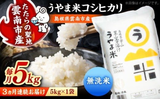 無洗米 【全3回定期便】【無洗米】神話の里/吉田町「うやま米」コシヒカリ 5kg（5kg×1）白米 精米 コメ おすすめ 人気 コシヒカリ お米 米 ごはん ご飯 食卓 主食 ブランド米 お取り寄せ グルメ ご当地米 贈り物 贈答 ギフト 家族 ファミリー 時短 便利 定期便 5キロ 毎月お届け おいしい 国産 新生活 ストック お弁当 島根県雲南市/有限会社藤本米穀店 [AIDB083]