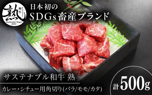 肉 サステナブル和牛 熟 角切り カレー・シチュー用（モモ/カタ/バラ） 500g  | 牛肉 和牛 熟成 角切り カレー サステナブル和牛 和牛 牛肉 肉  モモ 牛肉 肉  バラ肉 カタ 食事 熟成 旨味 濃厚 ジューシー ブランド牛 絶品 お取り寄せ 家庭用 鉄板 料理 ご当地 絶品 雲南 贈答 ギフト 人気 おすすめ 島根県雲南市/株式会社熟豊ファーム [AIAT017]