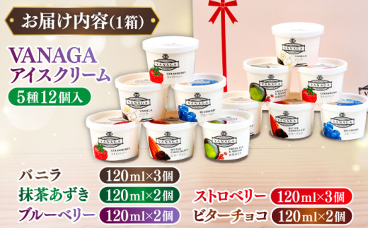 アイスクリーム ご褒美アイスにぴったり！VANAGA 5種類のアイスクリーム12個入 アイス バニラ ストロベリー 抹茶あずき ビターチョコ ブルーベリー デザート スイーツ ギフト 詰め合わせ セット 食べ比べ おやつ ごほうび 人気 おすすめ 12個 5種 木次乳業 バニラアイス 苺 抹茶 チョコレート お取り寄せ 島根 雲南 島根県雲南市/木次乳業有限会社 [AIBH008]