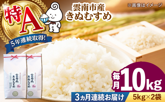 お米【全3回定期便】雲南市産きぬむすめ 10kg（5kg×2袋）米 こめ おこめ はくまい 白米 ライス 精米 コメ 特A 10キロ 使いやすい ごはん ご飯 おにぎり お弁当 朝ごはん 便利 朝食 食卓 主食 グルメ おいしい つや あっさり もっちり 食感 国産 新生活 一人暮らし 家族 ご当地 ごはんソムリエ おすすめ 人気 定期便島根県雲南市/有限会社藤本米穀店[AIDB103]