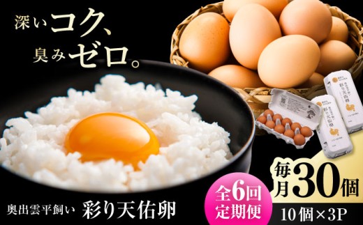 卵【平飼い卵】【全6回定期便】黄身の濃厚なコクと白身の甘み！たたらの里平飼い 彩り天佑卵 30個入り（10個×3P）たまご 放牧卵 玉子 タマゴ 鶏卵 生卵 国産 平飼い 卵焼き 卵かけご飯 TKG 朝食 朝ごはん ご褒美 コク 旨み 贅沢 お取り寄せ 毎日食べたい卵 美容 健康 単品 定期便 人気 高評価 ランキング 島根県雲南市/株式会社たなべたたらの里（たなべ森の鶏舎） [AIDL003]