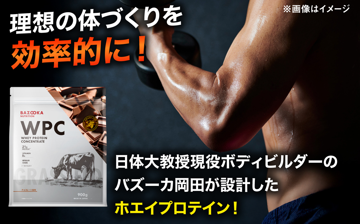 プロテイン BAZOOKA NUTRITION WPC（ホエイプロテイン）＜チョコレート＞ 900g｜バズーカ岡田監修・植物由来の甘味料使用・国内製造 島根県雲南市/株式会社アルプロン [AIEN006]