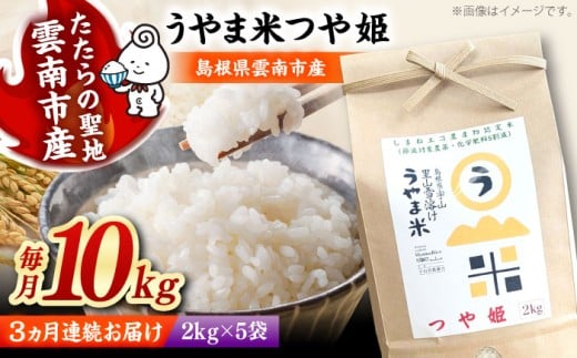 お米【全3回定期便】神話の里/吉田町「うやま米」つや姫 10kg（2kg×5）白米 精米 コメ おこめ お米 つやひめ 定期便 おすすめ 人気 米 ごはん ご飯 食卓 主食 ブランド米 お取り寄せ グルメ ご当地米 家族 ファミリー 一人暮らし 便利 おいしい ごはんソムリエ ミネラル 国産 新生活 お弁当 朝ごはん 朝食 昼食 ご当地 島根県雲南市/有限会社藤本米穀店 [AIDB091]