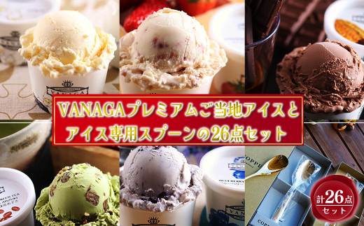 アイスクリーム VANAGAプレミアムご当地アイス24個とアイス専用スプーン（ゴールド2本）の26点セット | アイスクリーム アイス 濃厚 バニラ デザート アイス 24個 24個入り セット 詰め合わせ 食べ比べ スプーン アイススプーン 熱伝導スプーン デザート スイーツ おやつ ごほうび 木次乳業 バニラ お取り寄せ プレゼント ゴールド 島根県雲南市/やまざと.com [AICN004]