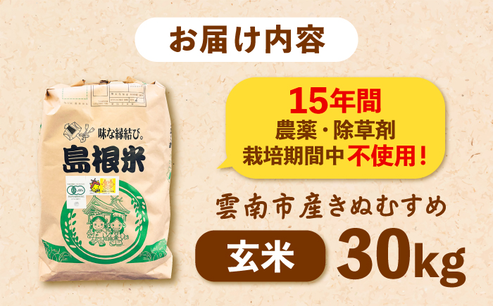 【有機JAS認証】令和7年産 玄米 雲南市産きぬむすめ 30kg（10kg×3袋） 島根県雲南市/佐藤ファーム ｜玄米 コメ 有機栽培 美味しまね認証 [AIEO008]