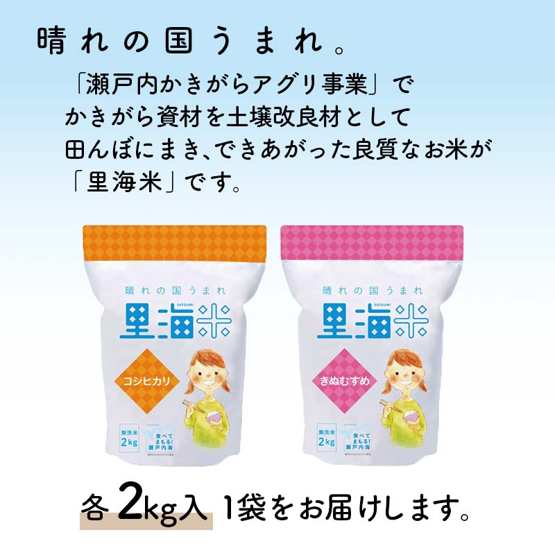 岡山県産里海米（無洗米）食べ比べセット（コシヒカリ、きぬむすめ）各2kg コシヒカリ こしひかり きぬむすめ 米 お米 ブランド米 銘柄米 備蓄 日本米 コメ ごはん ご飯 食品 TY0-0791