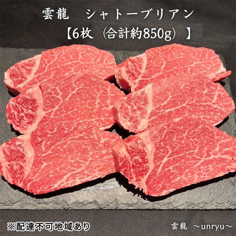 黒毛和牛 岡山県産 シャトーブリアン 6枚(合計約850g)  雲龍 肉 お肉 牛肉 和牛 焼肉