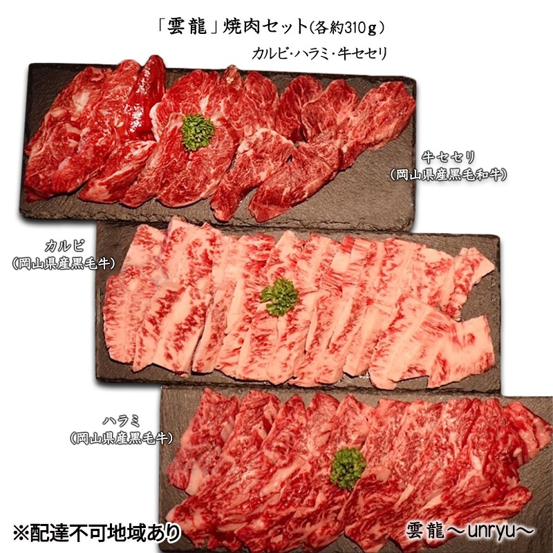 黒毛和牛 焼肉 セット 合計約930g カルビ ハラミ 牛セセリ【雲龍焼肉たれ付】 雲龍  岡山県産 肉 お肉 牛肉 和牛 牛カルビ 牛ハラミ せせり 焼肉セット 焼き肉 3種
