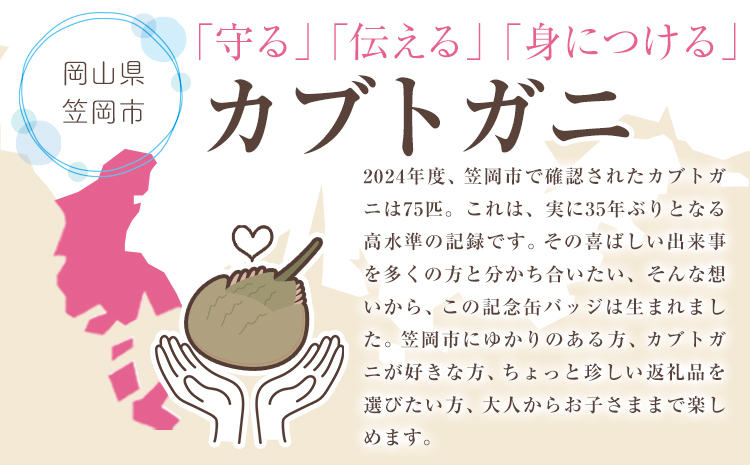 オリジナルカブトガニデザイン缶バッジ 4個セット 笠岡市観光協会《30日以内に出荷予定(土日祝除く)》岡山県 笠岡市 缶バッジ バッジ カブトガニ イラスト 記念缶バッジ 4個 (3種固定 1種カラーランダム)
