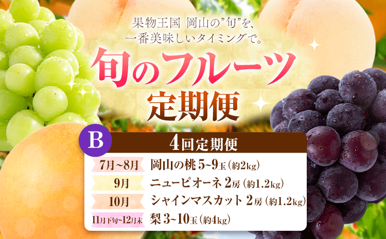 【定期便】旬のフルーツ定期便 岡山のﾌﾙｰﾂ 定期便 Bコース 4回定期便 岡山県産 桃 シャインマスカット ニューピオーネ 梨 《7月上旬-12月末頃出荷》岡山県 笠岡市 フルーツ 旬 果物 ぶどう 梨 マスカット お取り寄せ